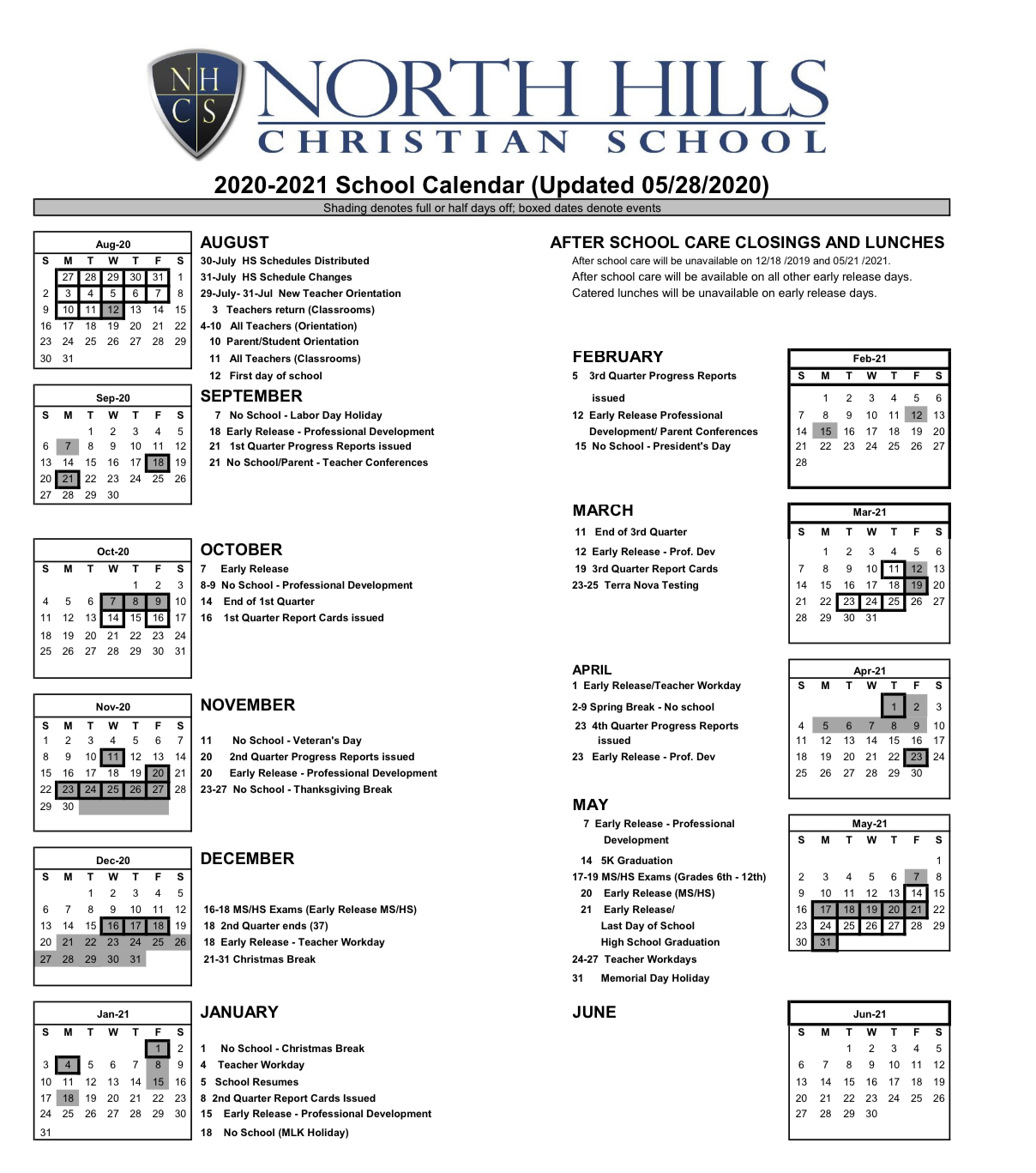Academic Calendar North Hills Christian School